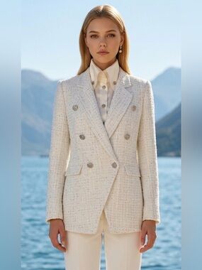 DECJUBA Ivory Tweed Double-Breasted Blazer